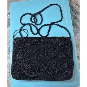 La Regale BEADED BLACK EVENING HANDBAG with Strap NWT